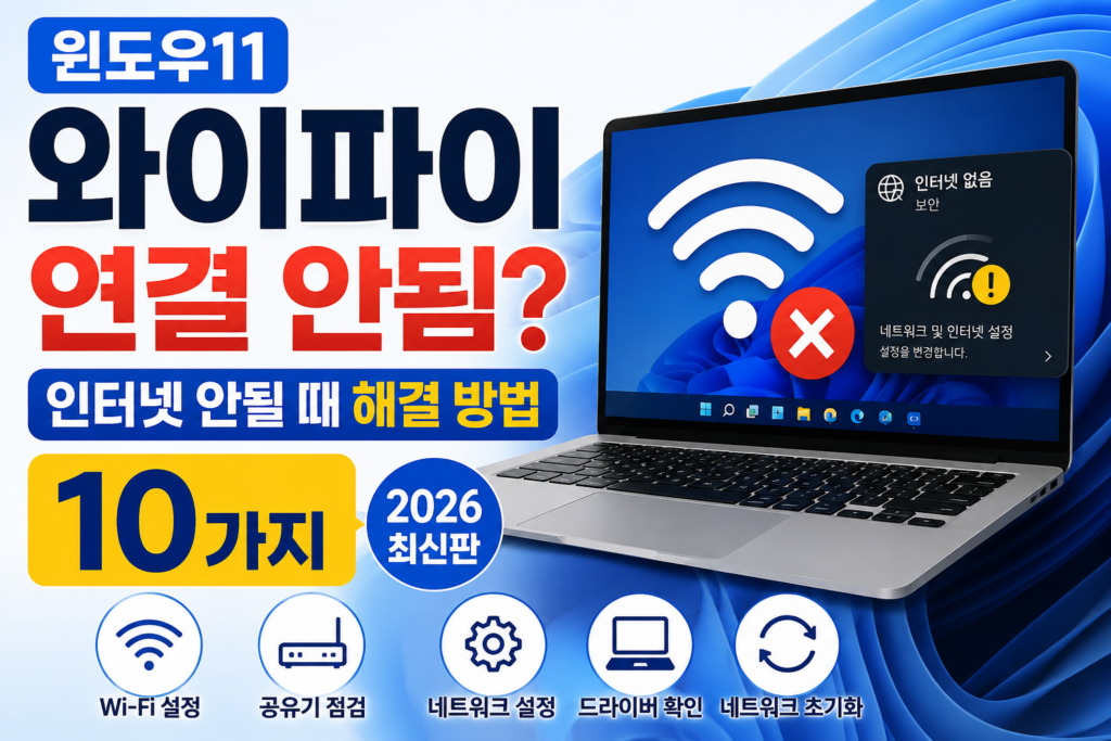 윈도우11 와이파이 연결 안됨 해결 방법 10가지|인터넷 안될 때 확인할 것 (2026) 윈도우11 와이파이 연결 안됨 및 인터넷 안될 때 해결 방법 10가지