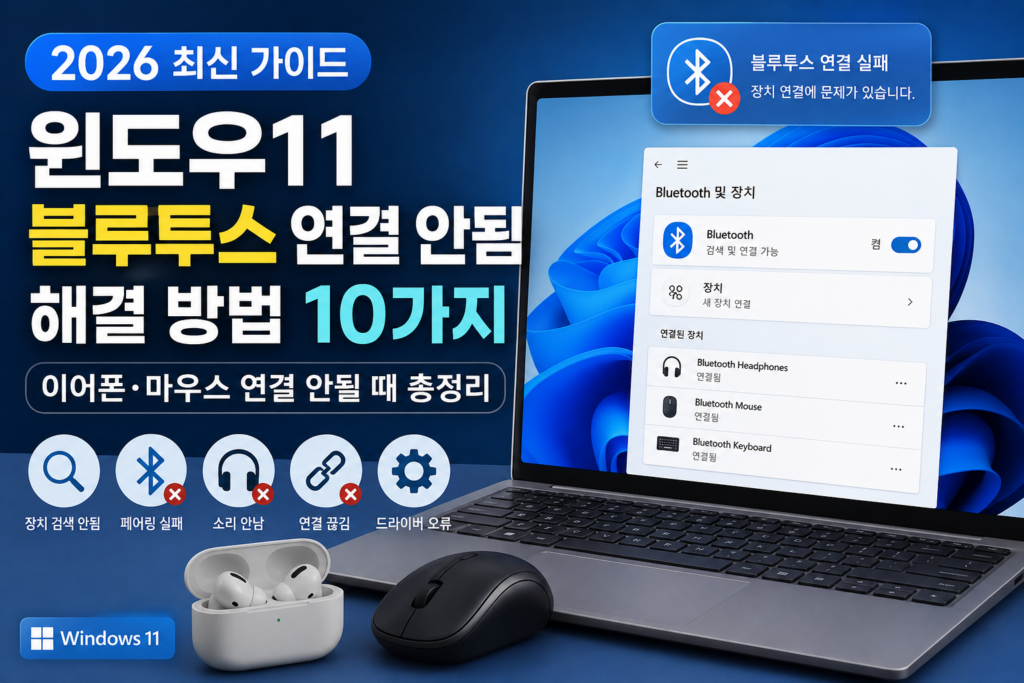 윈도우11 블루투스 연결 안됨 해결 방법 10가지|이어폰·마우스 연결 안될 때 (2026) 윈도우11 블루투스 연결 안됨 해결 방법 10가지와 이어폰·마우스 연결 오류 해결 방법