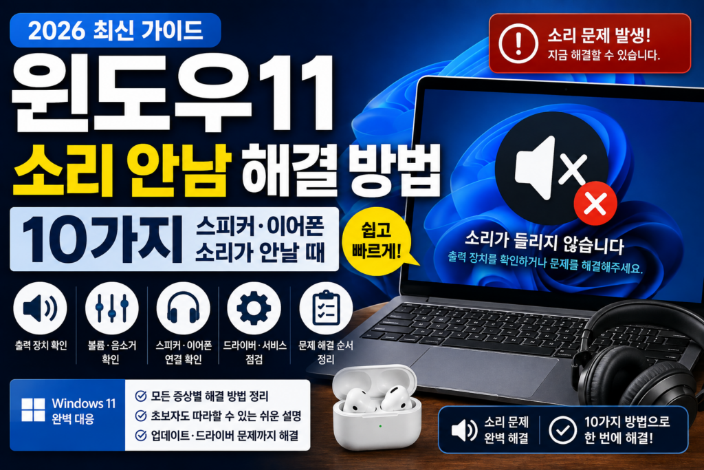 윈도우11 소리 안남 해결 방법 10가지|스피커·이어폰 소리가 안날 때 (2026) 윈도우11 소리 안남 해결 방법 10가지와 스피커·이어폰 소리가 안날 때 확인 방법