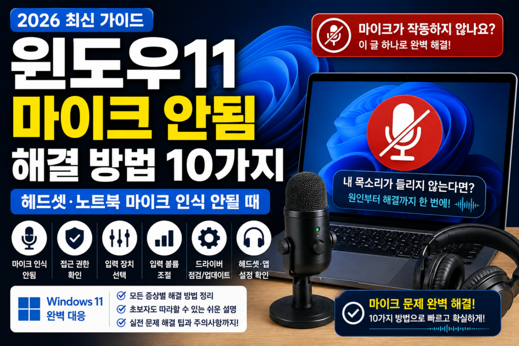 윈도우11 마이크 안됨 해결 방법 10가지|헤드셋·노트북 마이크 인식 안될 때 (2026) 윈도우11 마이크 안됨 해결 방법 10가지와 헤드셋·노트북 마이크 인식 안될 때 확인 방법