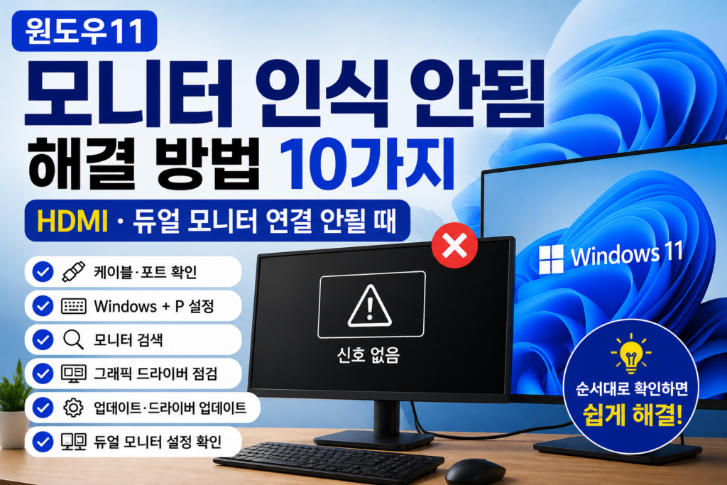 윈도우11 모니터 인식 안됨 해결 방법 10가지|HDMI·듀얼 모니터 연결 안될 때 (2026) 윈도우11 모니터 인식 안됨 해결 방법 10가지와 HDMI·듀얼 모니터 연결 안될 때 확인 방법