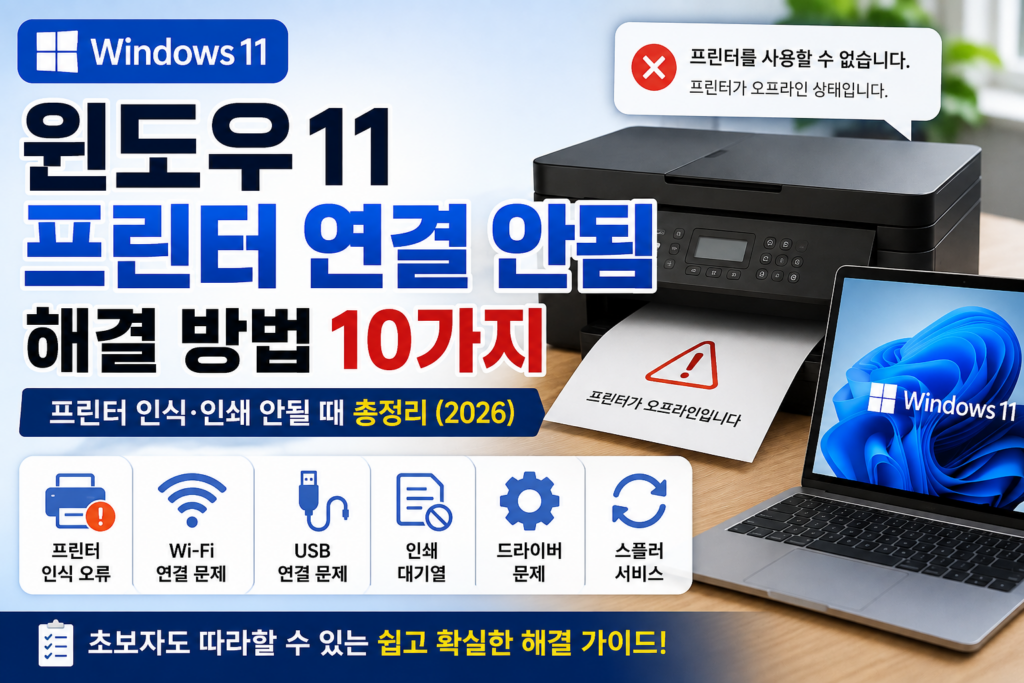 윈도우11 프린터 연결 안됨 해결 방법 10가지|프린터 인식·인쇄 안될 때 (2026) 윈도우11 프린터 연결 안됨 해결 방법 10가지와 프린터 인식·인쇄 안될 때 확인 방법