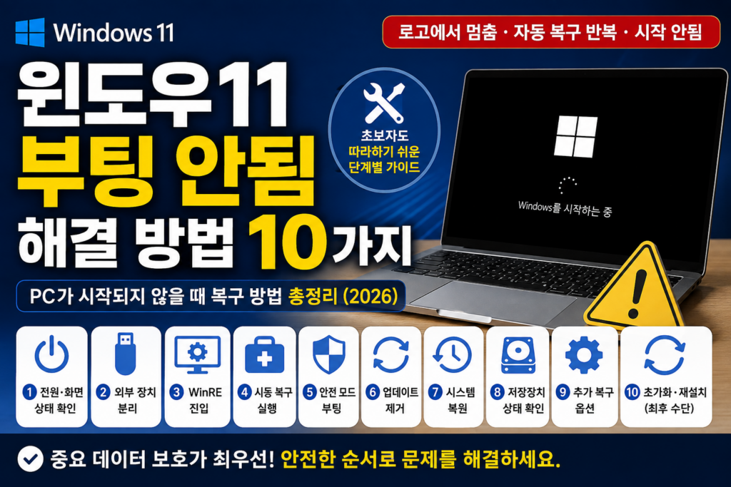 윈도우11 부팅 안됨 해결 방법 10가지와 PC가 시작되지 않을 때 시동 복구·안전 모드·시스템 복원 방법