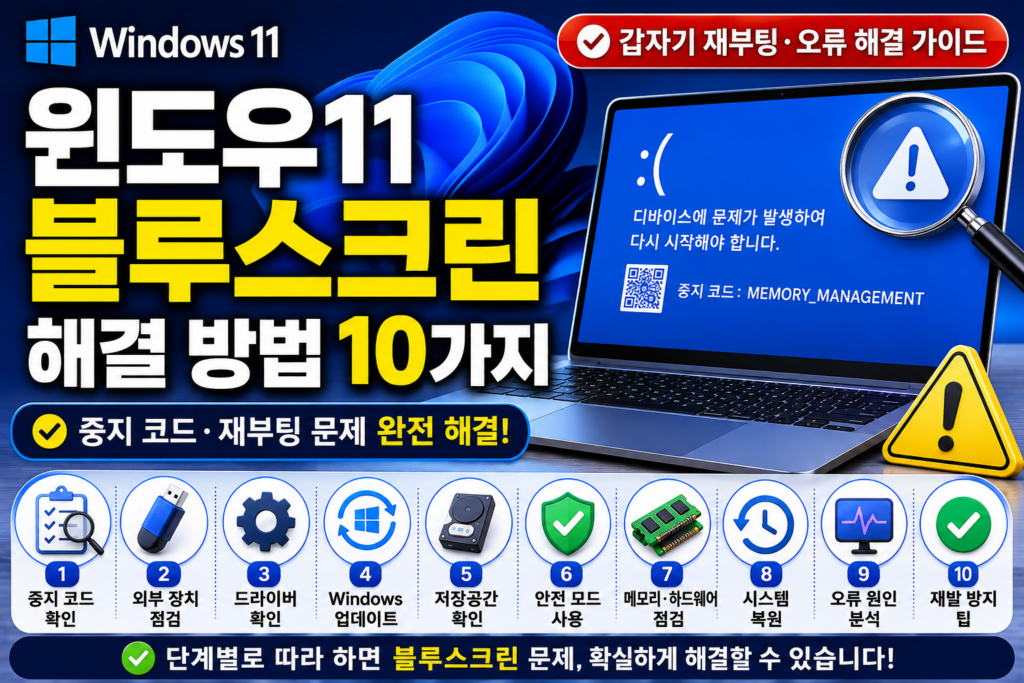 윈도우11 블루스크린 해결 방법 10가지|중지 코드·갑자기 재부팅될 때 (2026) 윈도우11 블루스크린 해결 방법 10가지와 중지 코드 오류·갑자기 재부팅될 때 확인 방법