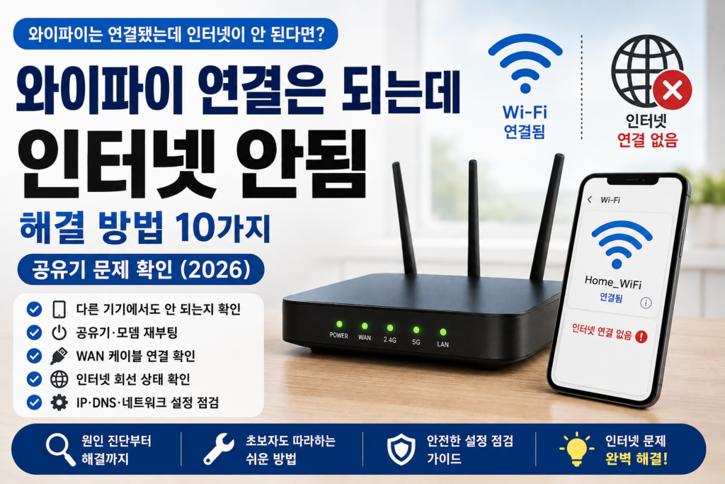 와이파이 연결은 되는데 인터넷 안됨 해결 방법 10가지|공유기 문제 확인 (2026) 와이파이 연결은 되는데 인터넷 안됨 해결 방법 10가지와 공유기·모뎀·네트워크 문제 확인 방법