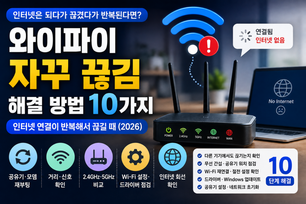 와이파이 자꾸 끊김 해결 방법 10가지|인터넷 연결이 반복해서 끊길 때 (2026) 와이파이 자꾸 끊김 해결 방법 10가지와 인터넷 연결이 반복해서 끊길 때 공유기·네트워크 점검 방법