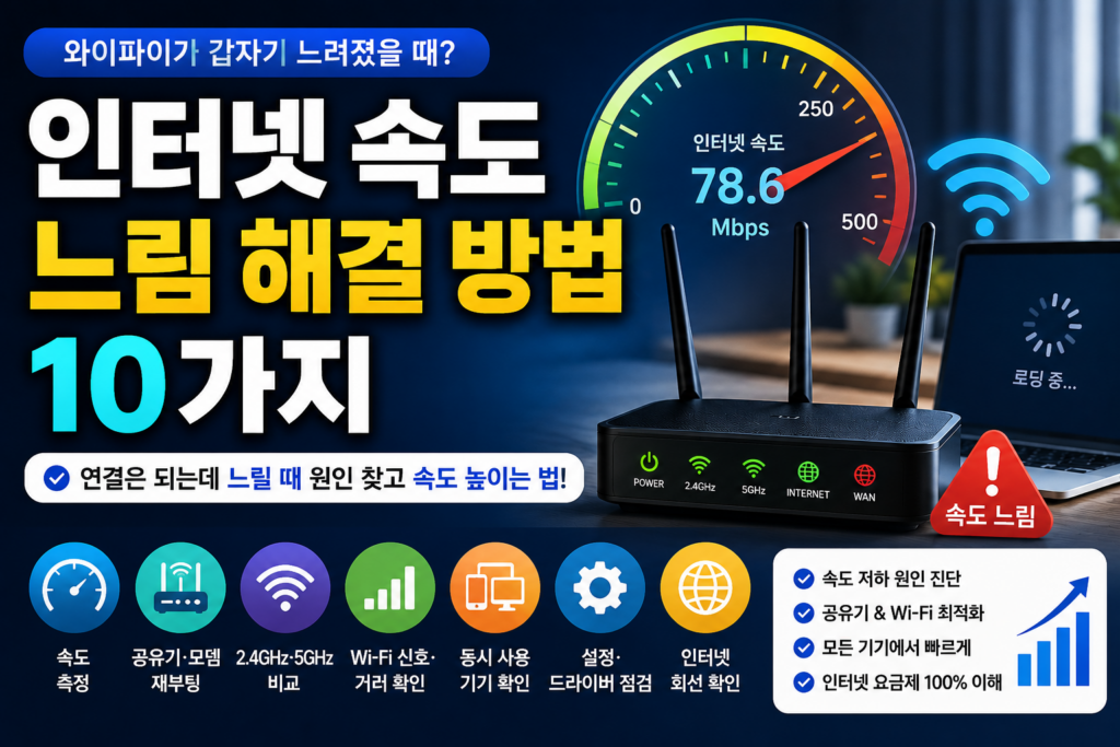 인터넷 속도 느림 해결 방법 10가지와 와이파이가 갑자기 느려졌을 때 공유기·Wi-Fi·인터넷 회선 점검 방법