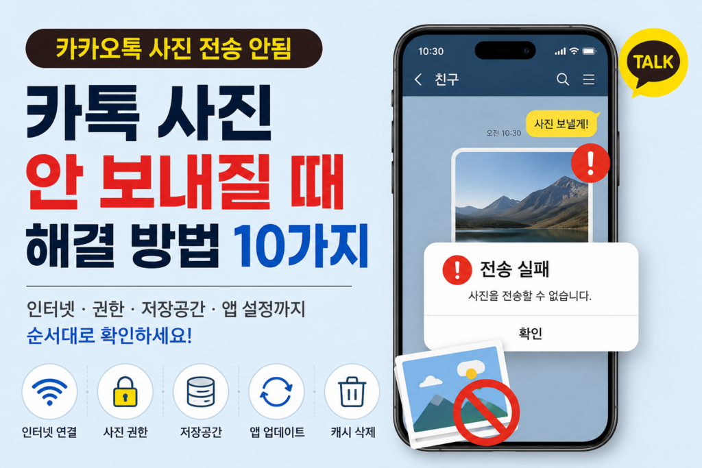 카카오톡 사진 전송 안됨 해결 방법 10가지|카톡 사진 안 보내질 때 (2026) 카카오톡 사진 전송 안됨 해결 방법 10가지와 카톡 사진 안 보내질 때 인터넷 연결·사진 권한·저장공간·앱 설정 확인 방법