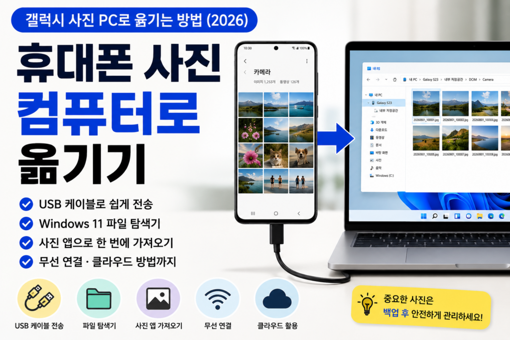 휴대폰 사진 컴퓨터로 옮기기와 갤럭시 사진을 USB 케이블·파일 탐색기·무선 연결로 PC에 옮기는 방법