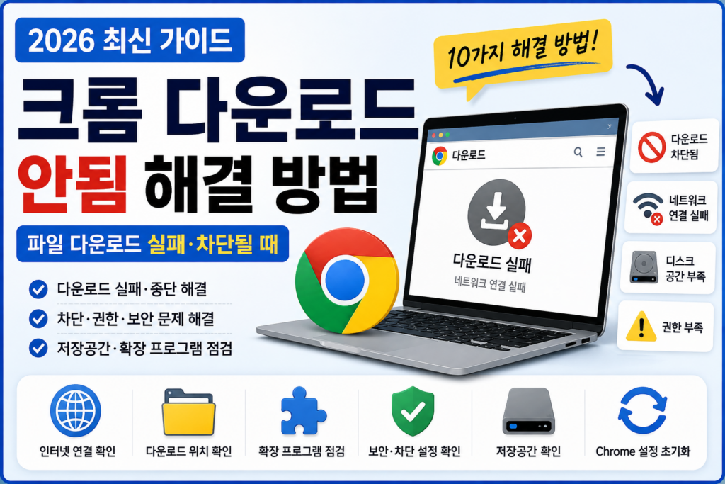 크롬 다운로드 안됨 해결 방법 10가지|파일 다운로드 실패·차단될 때 (2026) 크롬 다운로드 안됨 해결 방법과 파일 다운로드 실패·차단·중단 및 네트워크 오류 해결 방법