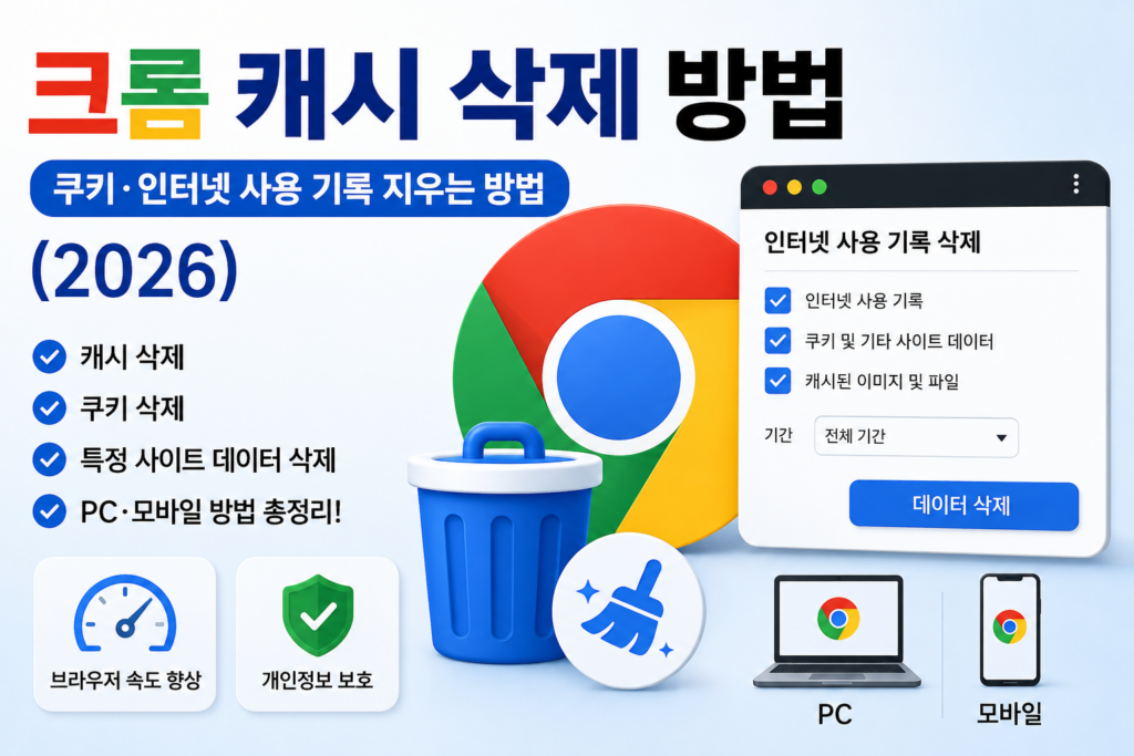 크롬 캐시 삭제 방법|쿠키·인터넷 사용 기록 지우는 방법 (2026) 크롬 캐시 삭제 방법과 PC·모바일에서 쿠키 및 인터넷 사용 기록과 특정 사이트 데이터를 삭제하는 방법