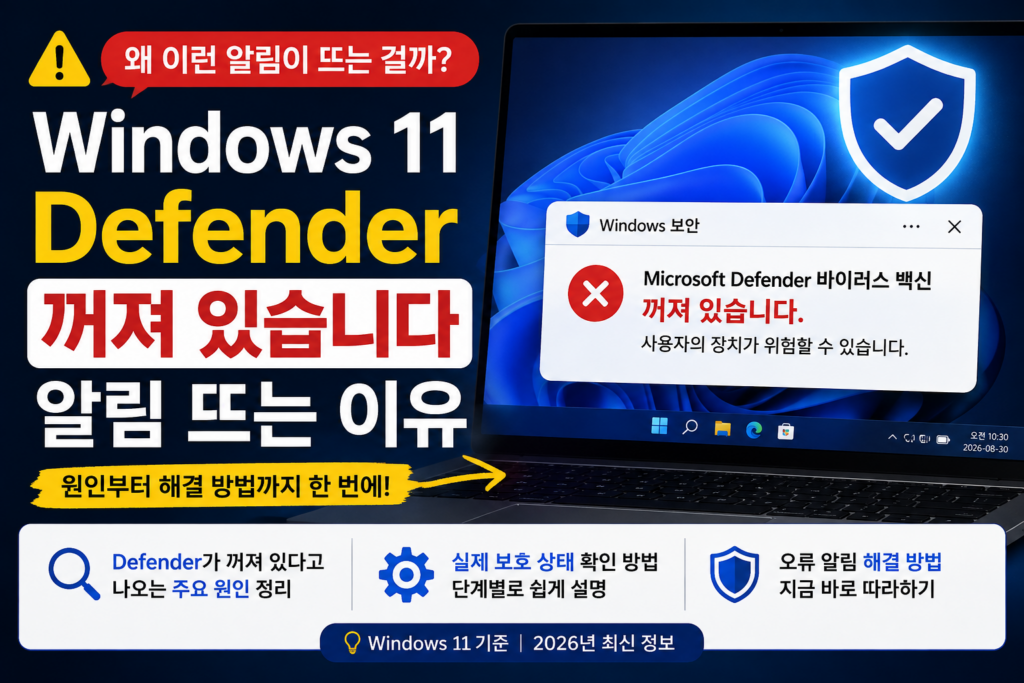 윈도우11 Defender 꺼져 있습니다 알림 뜨는 이유|실제로 꺼진 건지 확인하는 방법 (2026) 윈도우11 Microsoft Defender 꺼져 있습니다 알림 뜨는 이유와 확인 방법