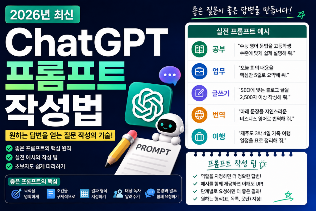 ChatGPT 프롬프트 작성법과 실전 예시를 소개하는 2026년 최신 AI 활용 가이드 대표 이미지
