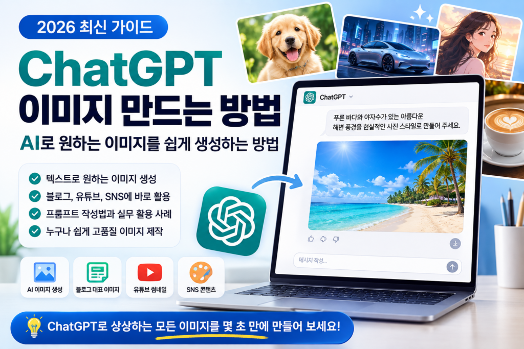 ChatGPT 이미지 만드는 방법 완벽 가이드 (2026 최신) | AI로 원하는 이미지를 쉽게 생성하는 방법 ChatGPT를 활용해 AI 이미지를 생성하는 방법을 설명하는 예시 화면