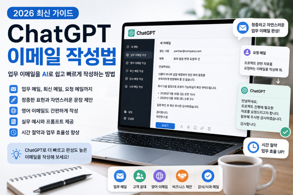 ChatGPT 이메일 작성법 완벽 가이드 (2026 최신) | 업무 이메일을 AI로 쉽고 빠르게 작성하는 방법 ChatGPT를 활용해 업무 이메일을 작성하는 방법을 설명하는 예시 화면