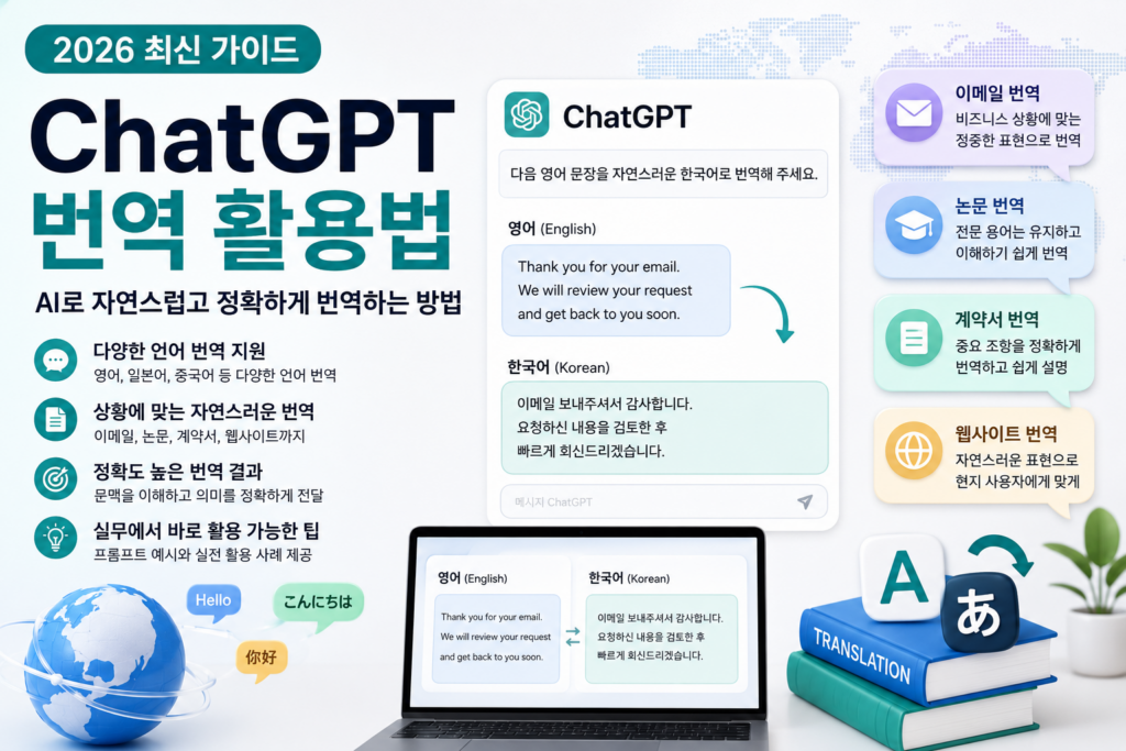 ChatGPT 번역 활용법 완벽 가이드 (2026 최신) | AI로 자연스럽고 정확하게 번역하는 방법 ChatGPT를 활용해 다양한 언어를 자연스럽게 번역하는 방법을 설명하는 예시 화면