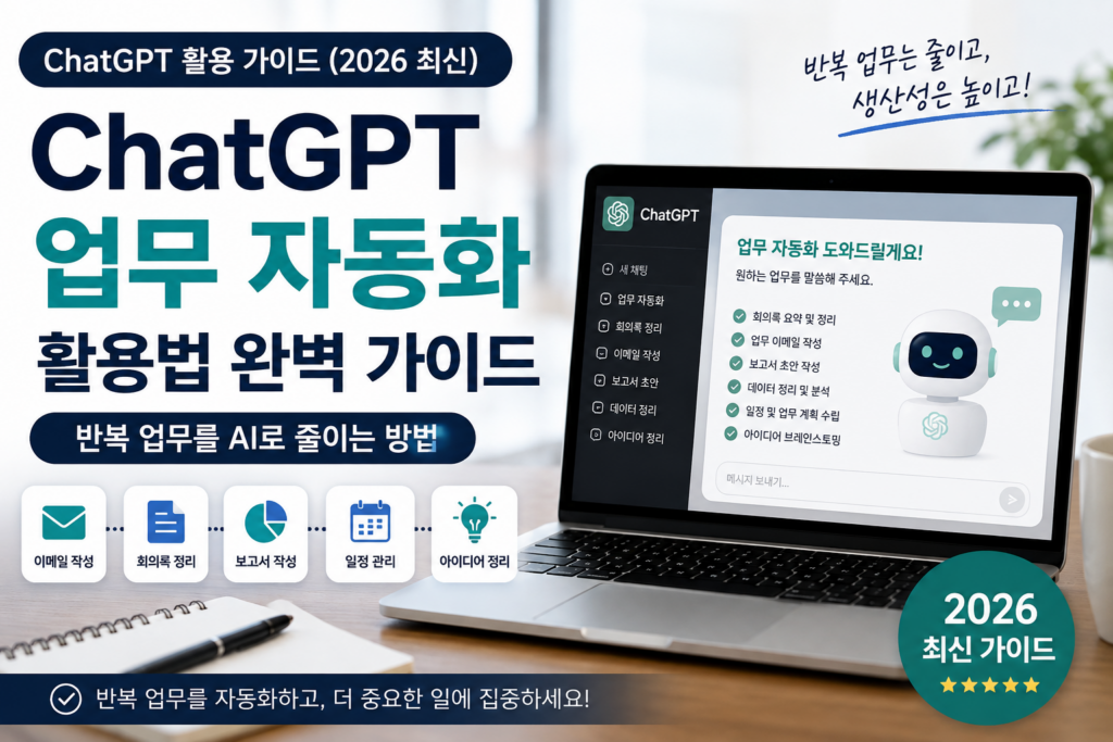 ChatGPT 업무 자동화 활용법 완벽 가이드 (2026 최신) | 반복 업무를 AI로 줄이는 방법 ChatGPT를 활용해 반복 업무를 자동화하고 생산성을 높이는 방법을 설명하는 예시 화면