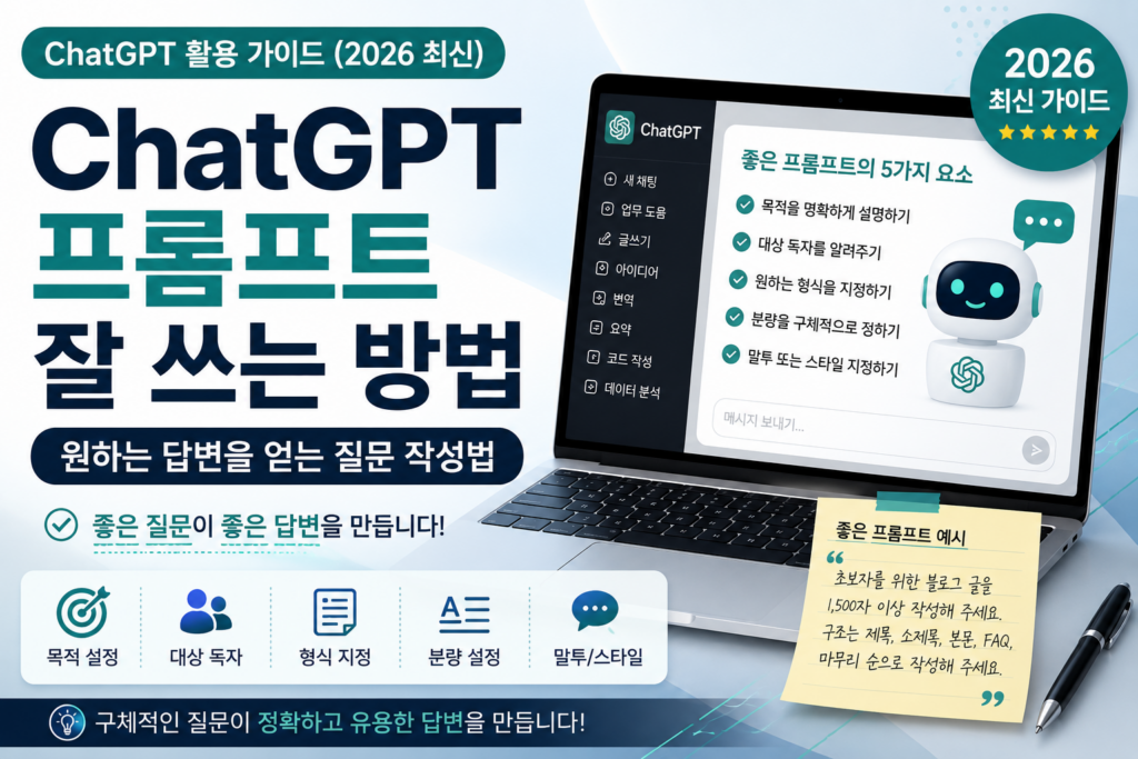 ChatGPT 프롬프트 잘 쓰는 방법 완벽 가이드 (2026 최신) | 원하는 답변을 얻는 질문 작성법 좋은 ChatGPT 프롬프트 작성법과 질문 예시를 설명하는 대표 이미지