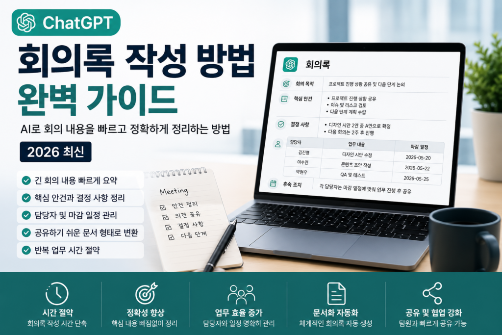 ChatGPT 회의록 작성 방법 완벽 가이드 (2026 최신) | AI로 회의 내용을 빠르고 정확하게 정리하는 방법 ChatGPT를 활용해 회의 내용을 정리하고 회의록을 작성하는 방법을 설명하는 대표 이미지