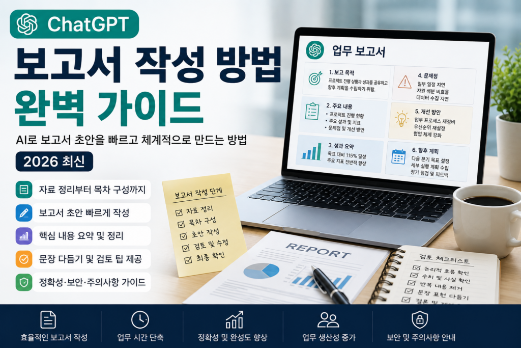 ChatGPT 보고서 작성 방법 완벽 가이드 (2026 최신) | AI로 보고서 초안을 빠르게 만드는 방법 ChatGPT를 활용해 업무 보고서의 자료 정리와 목차 구성, 초안 작성을 하는 방법을 설명하는 대표 이미지