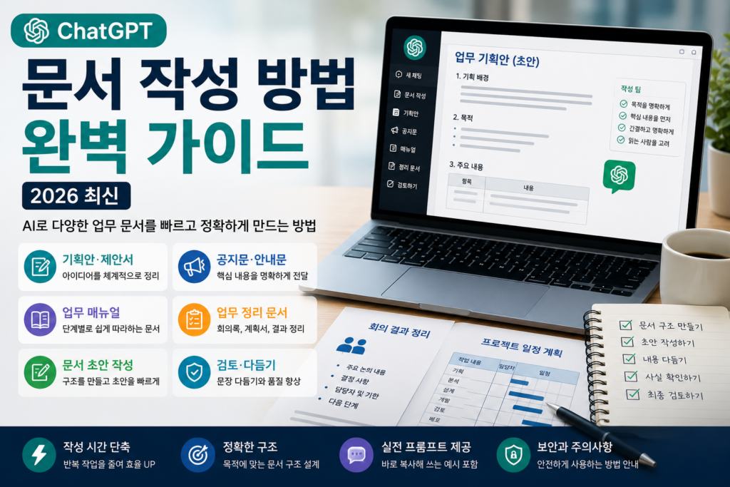 ChatGPT 문서 작성 방법 완벽 가이드 (2026 최신) | AI로 업무 문서를 빠르게 만드는 방법 ChatGPT를 활용해 기획안, 공지문, 안내문 등 다양한 업무 문서를 작성하는 방법을 설명하는 대표 이미지