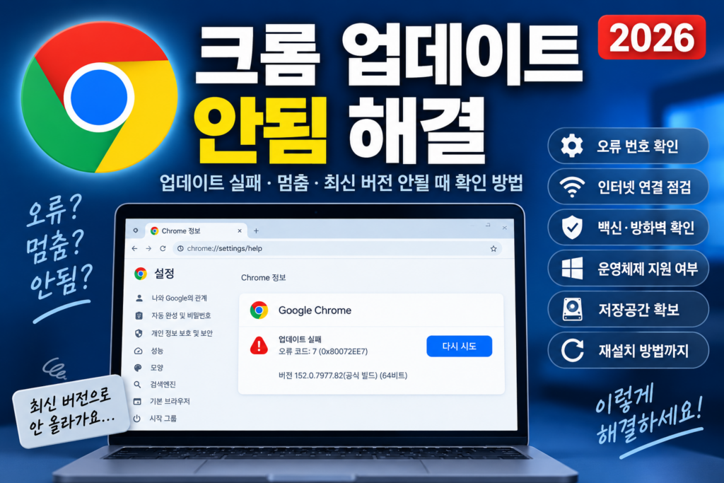 크롬 업데이트 안됨 해결|업데이트 실패·멈춤·최신 버전 안될 때 확인 방법 (2026) 크롬 업데이트 안됨 및 업데이트 실패·멈춤·최신 버전 안될 때 해결 방법