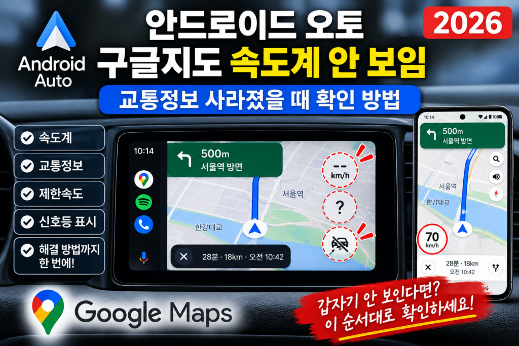 안드로이드 오토 구글지도 속도계 안 보임 해결|교통정보 사라졌을 때 확인 방법 (2026) 안드로이드 오토 구글지도 속도계 안 보임과 교통정보 사라짐 문제 해결 방법