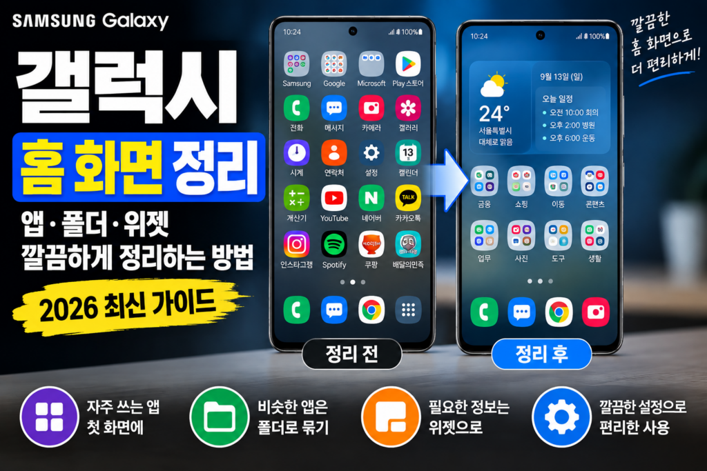 갤럭시 홈 화면 정리 방법|앱·폴더·위젯 깔끔하게 정리하는 설정 (2026) 갤럭시 홈 화면에서 앱 폴더 위젯을 깔끔하게 정리하는 방법과 정리 전후 비교
