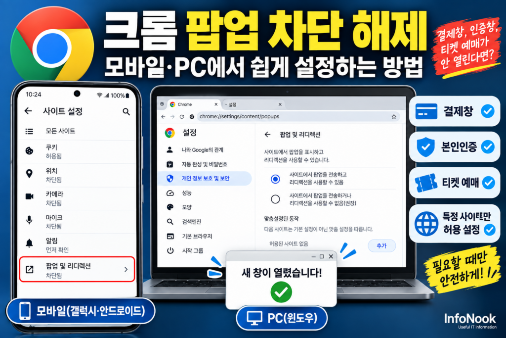 크롬 팝업 차단 해제 방법|모바일·PC에서 특정 사이트만 허용하는 설정 (2026) 크롬 팝업 차단 해제 모바일 PC 특정 사이트만 허용하는 방법