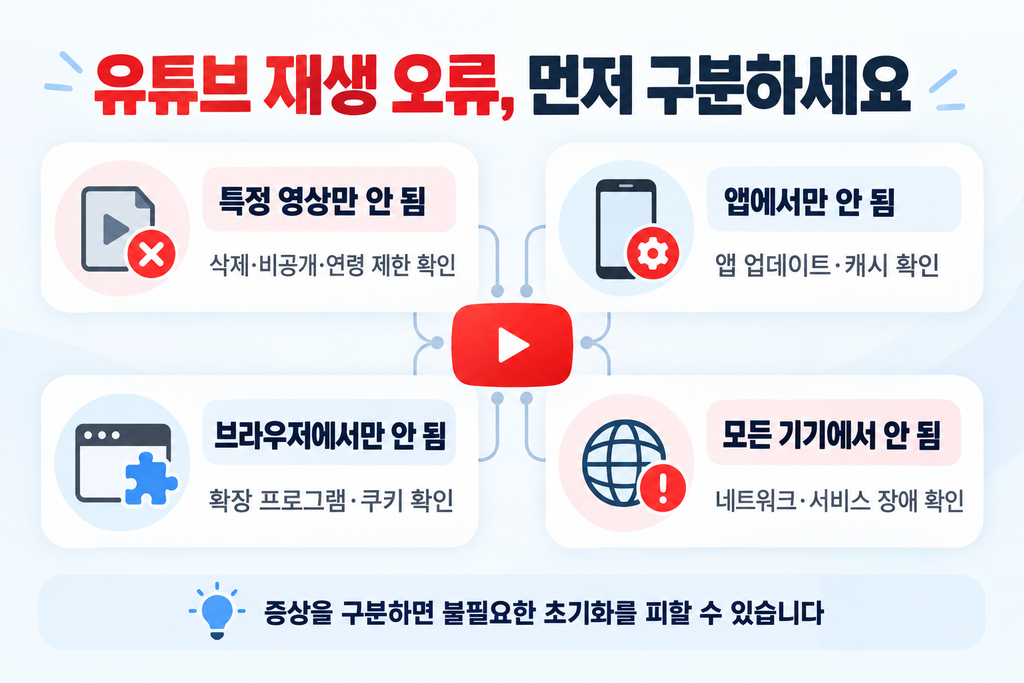 유튜브 재생 오류 특정 영상 앱 브라우저 전체 장애 원인 구분표