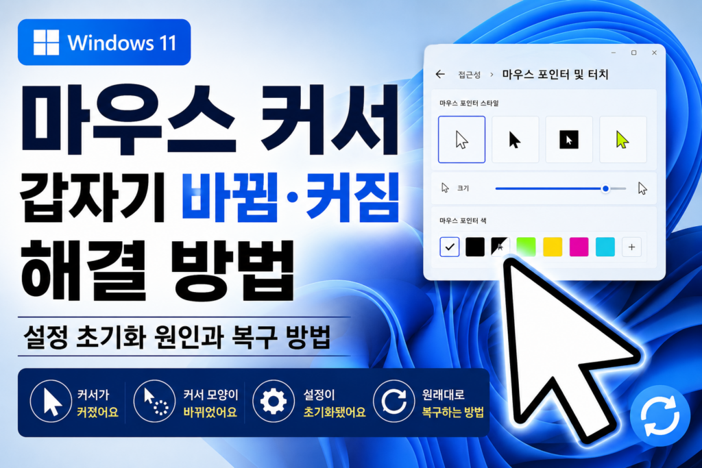 윈도우11 마우스 커서가 갑자기 바뀌거나 커졌을 때 설정 초기화 원인과 복구 방법
