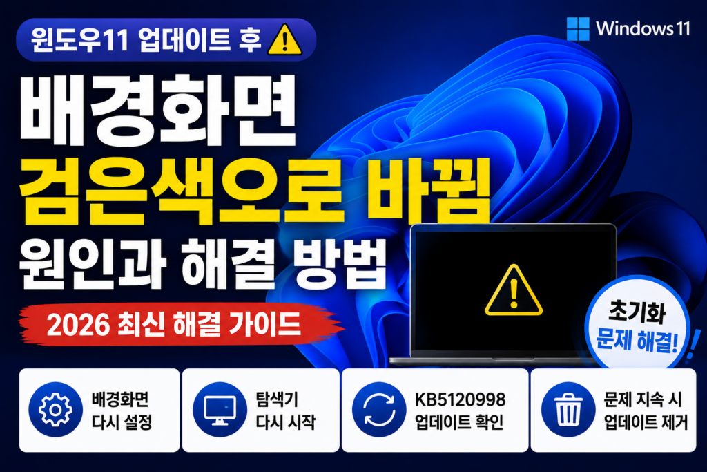 윈도우11 배경화면 검은색으로 바뀜 해결|업데이트 후 초기화 원인과 복구 방법 (2026) 윈도우11 업데이트 후 배경화면 검은색으로 바뀌는 문제 해결 방법