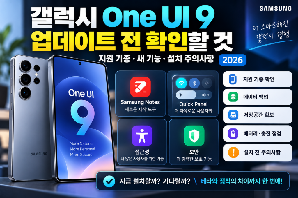 갤럭시 One UI 9 업데이트 전 확인할 것|지원 기종·새 기능·설치 주의사항 (2026) 갤럭시 One UI 9 업데이트 지원 기종과 새 기능, 설치 전 주의사항