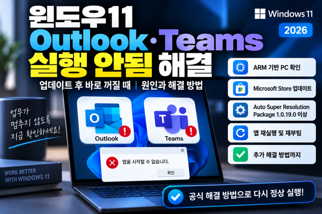 윈도우11 Outlook·Teams 실행 안됨 해결|업데이트 후 바로 꺼질 때 (2026) 윈도우11 Outlook·Teams 실행 안됨과 업데이트 후 바로 꺼지는 오류 해결 방법