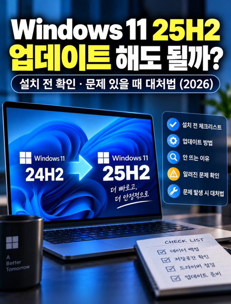 윈도우11 25H2 업데이트 해도 될까|설치 전 확인·문제 있을 때 대처법 (2026) 윈도우11 25H2 업데이트 설치 전 확인사항과 문제 발생 시 대처 방법