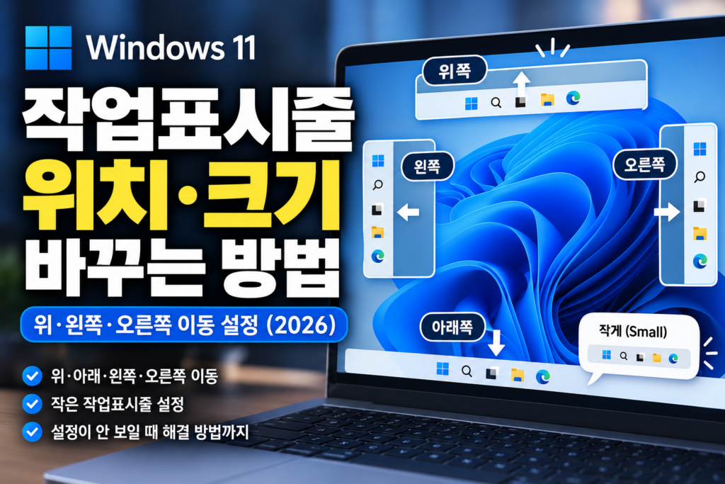 윈도우11 작업표시줄 위치·크기 바꾸는 방법|위·왼쪽·오른쪽 이동 설정 (2026) 윈도우11 작업표시줄 위치와 크기 변경 및 위·왼쪽·오른쪽 이동 설정 방법