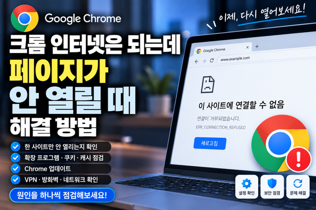 크롬 인터넷은 되는데 페이지 안 열림 해결|사이트 로딩 안될 때 확인 방법 (2026) 크롬 인터넷은 되는데 페이지가 안 열릴 때 확장 프로그램·쿠키·캐시·VPN·방화벽 확인 방법